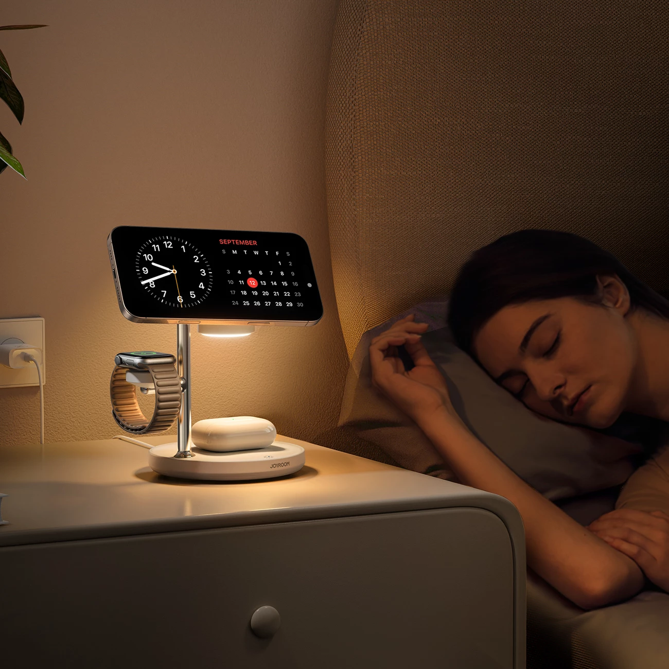 stacion karikimi wireless Joyroom JR-W23 Qi2 4-në-1, 15W, me dritë nate, i bardhë