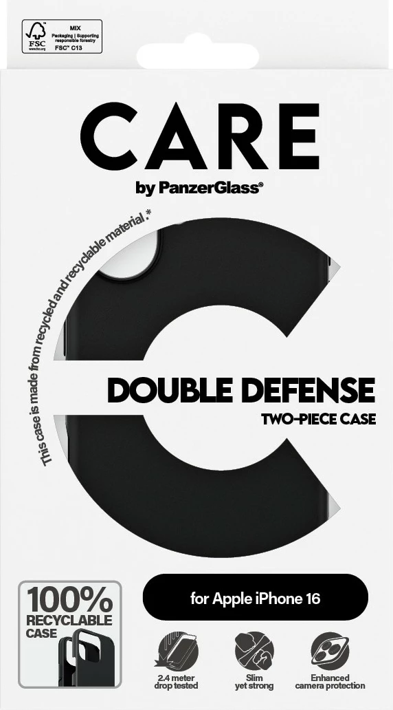 Mbështjellës PanzerGlass CARE Case Feature Double Defence, iPhone 16, i zi