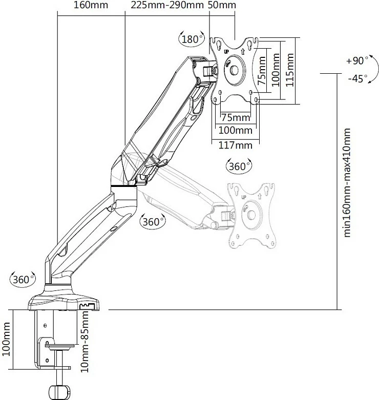 Mbajtëse monitori tavoline EQUIP, 17-32", 9 kg, 1 ekran, VESA 75x75/100x100, gas spring, e zezë