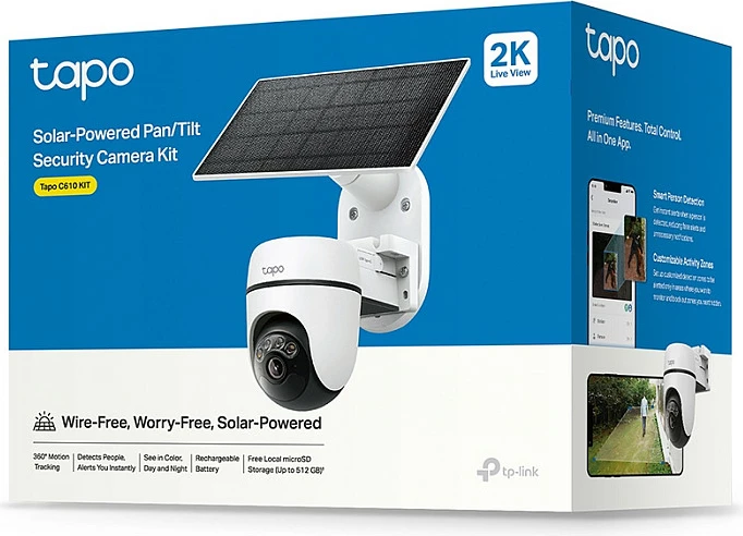 Kamerë sigurie IP TP-Link Tapo C610 KIT, 2304x1296, Wi‑Fi/LAN, PTZ, me panel diellor, e bardhë