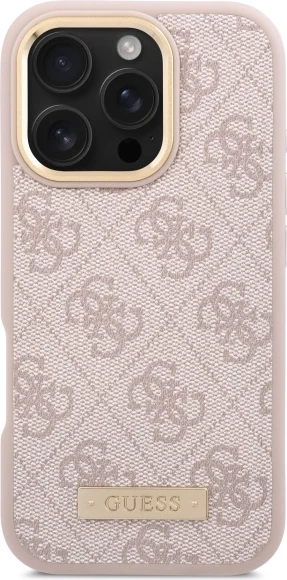 Mbështjellës Guess 4G Logo Plate MagSafe për iPhone 16 Pro, Rozë