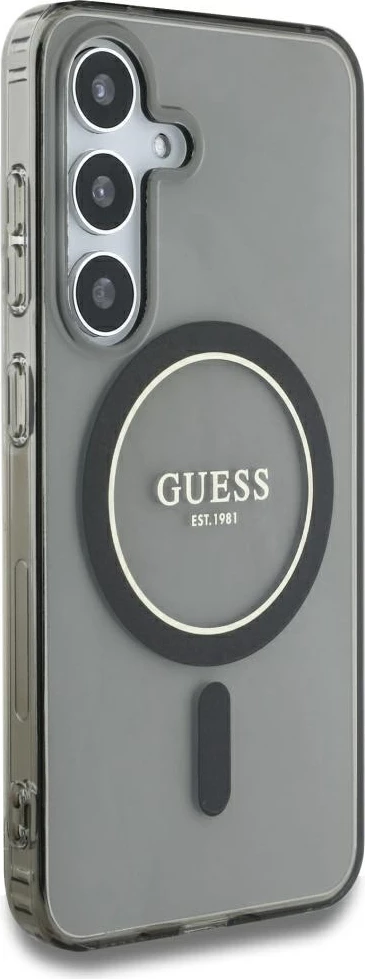 Mbështjellës Guess Glitter Circle Classic Logo MagSafe për Samsung Galaxy S25, zi