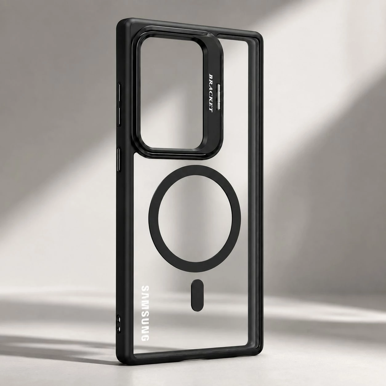 Mbrojtëse Magnetike për Samsung Galaxy S24 Ultra me mbrojtje kamerash dhe Bracket - Transparent/Black për mbështetje - e zezë