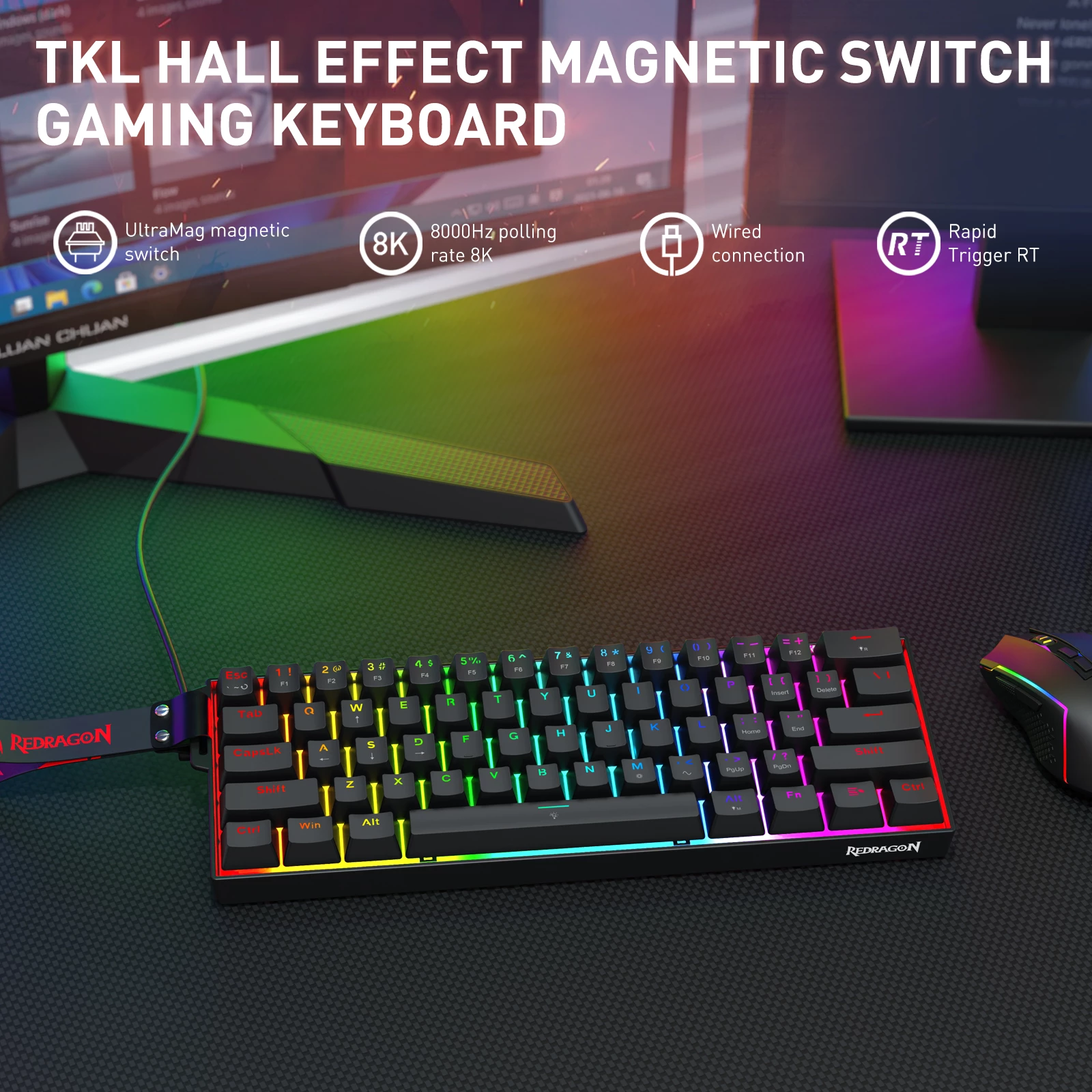 Tastierë gaming me kabllo Redragon Fizz Magnetic Plus K617RGB-MP, Hall Effect, 60% (61 taste), 8000Hz, RGB, USB-C e heqshme, e zezë