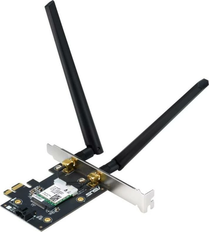 Kartelë rrjeti Wi‑Fi Asus PCE-AX1800 (90IG07A0-MO0B00) PCIe, Wi‑Fi 6 AX1800, Bluetooth 5.2, 2 antena të jashtme, e zezë