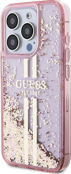 Mbështjellës Guess Liquid Glitter Gold Stripes për iPhone 15 Pro, Rozë