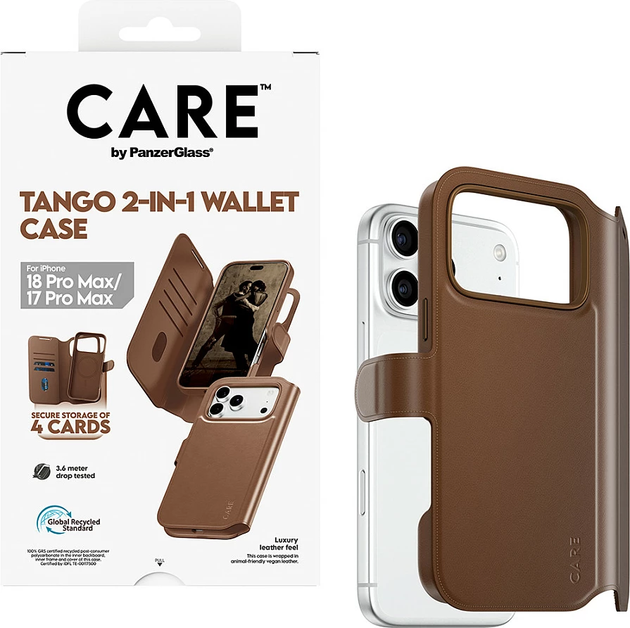 Mbështjellës me portofol PanzerGlass CARE Tango 2-in-1, MagSafe, për iPhone 17 Pro Max, kafe