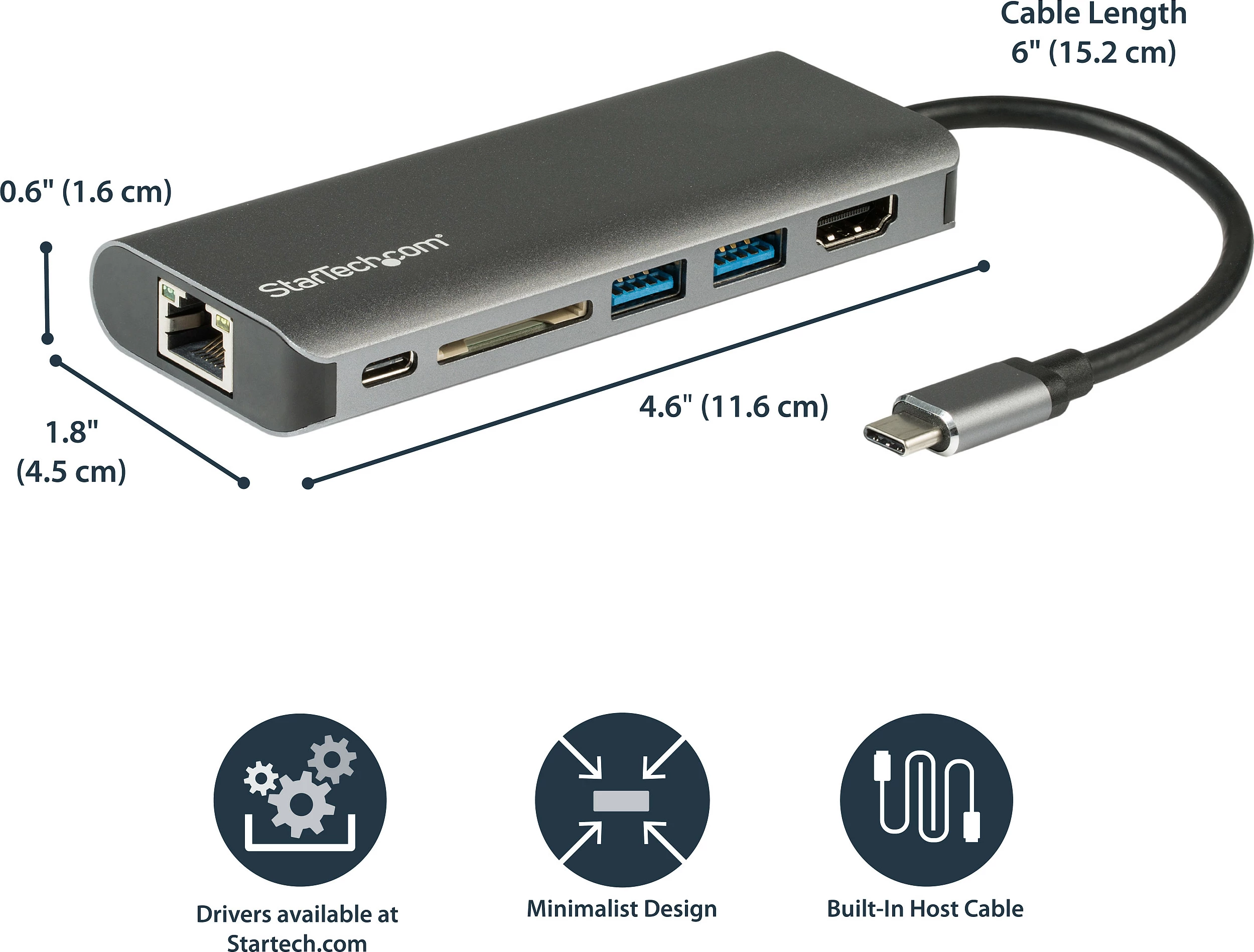 Adapter multiport USB-C StarTech DKT30CSDHPD3, HDMI 4K 60Hz, 2x USB 3.0, GbE, SD/microSD, PD 60W, gri