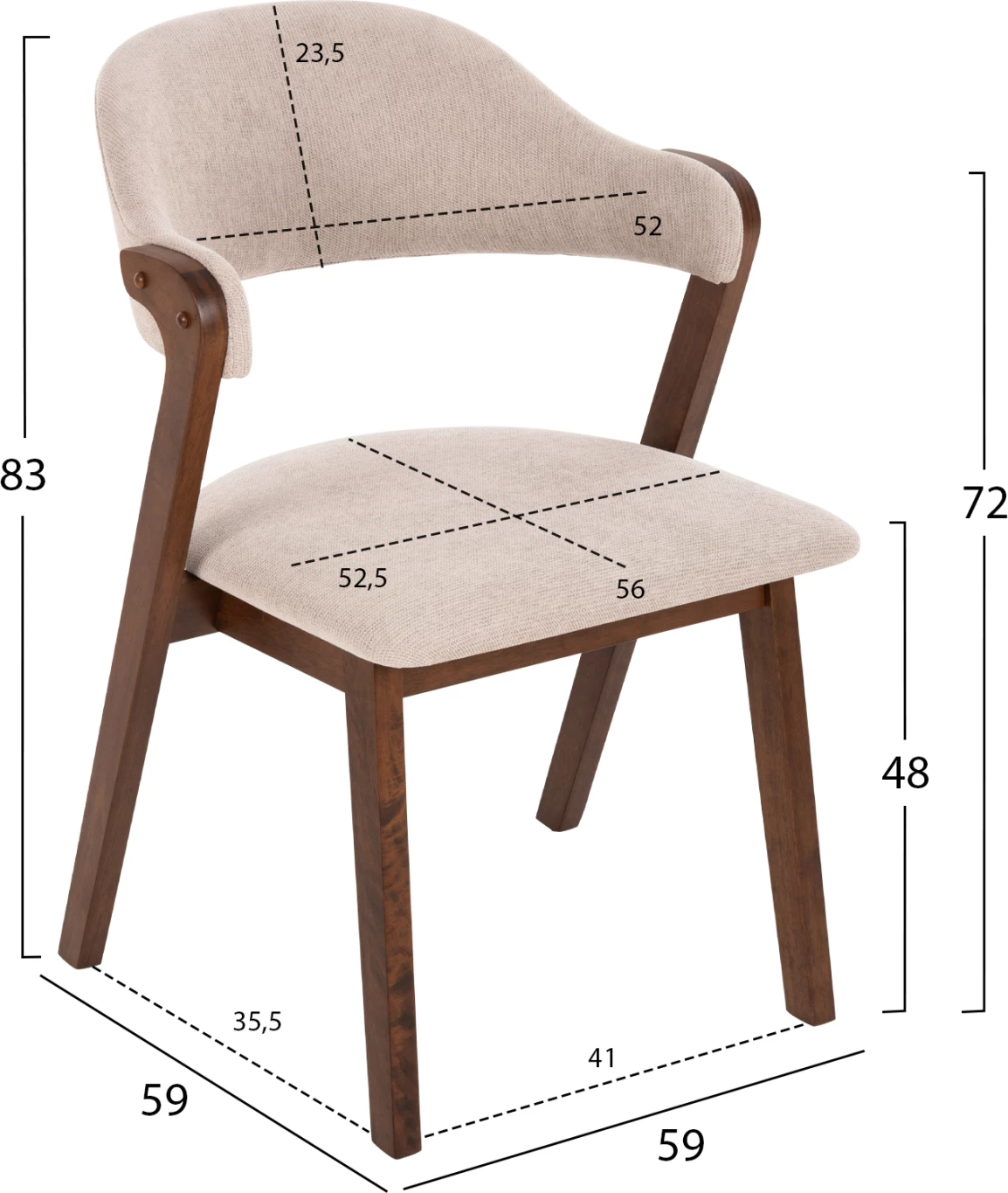 Karrige për ngrënie RIDER FH9734.02 dru gome ngjyrë arre-stof ecru 59x59x83Hcm., set prej 2 copë