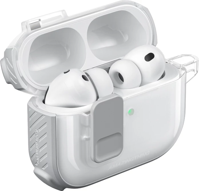 Mbështjellës AmazingThing Titan Pro Mag për AirPods Pro 3, PC/TPU, me karabinë, i tejdukshëm, i bardhë