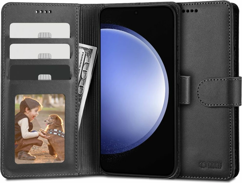 Mbështjellës Tech-Protect Wallet për Samsung Galaxy S23 FE, eko lëkurë, i zi