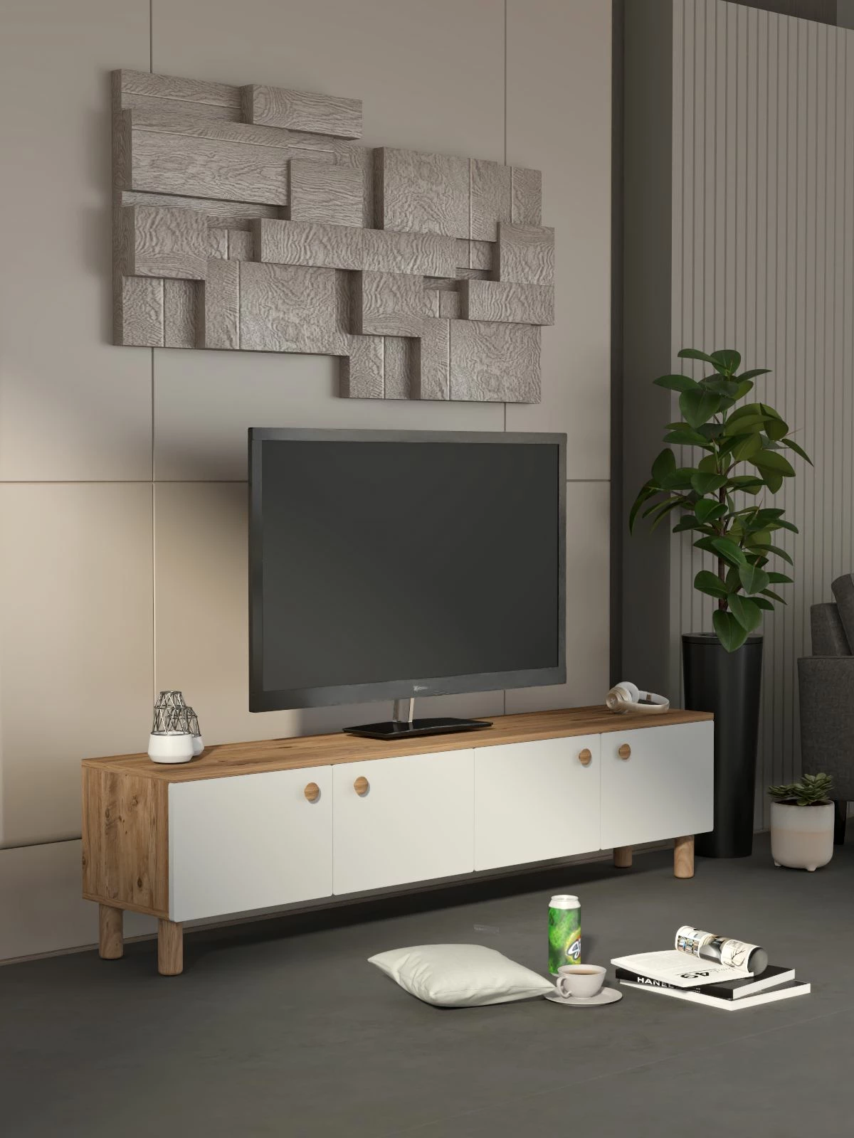 Komodë TV Skye Decor, ngjyrë pishë Atlantike dhe e bardhë, Norvella