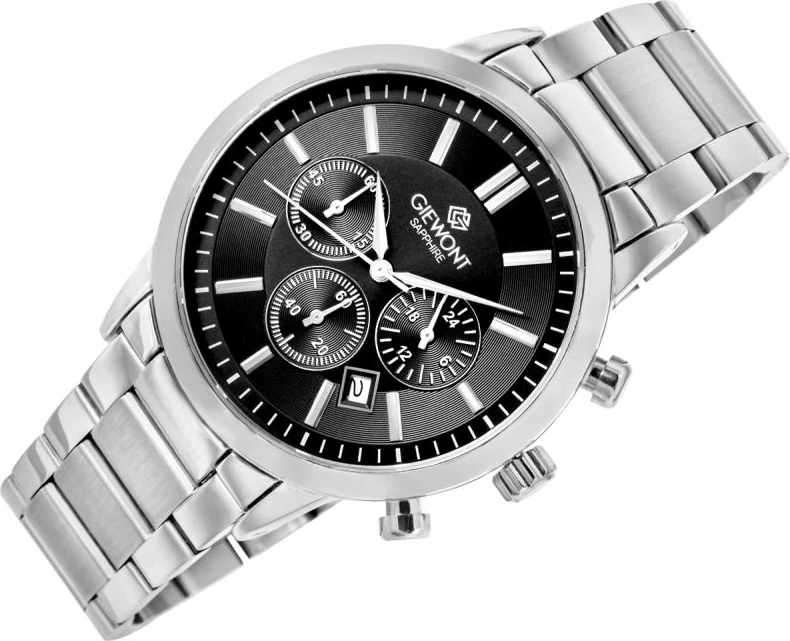 Orë dore meshkuj Giewont GW8510-B1, argjendtë me rrip çeliku, me kronograf, e zezë