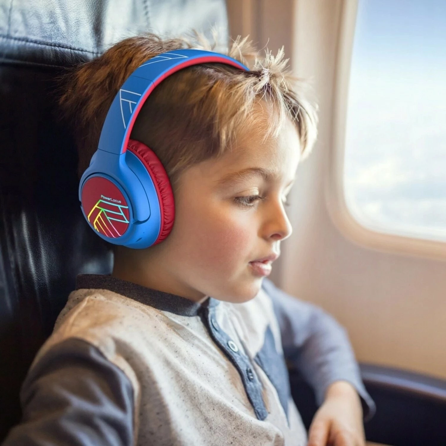 Kufje PowerLocus Bobo Kids, wireless Bluetooth 5.3, LED, AUX/USB-C, kuqe-kaltër