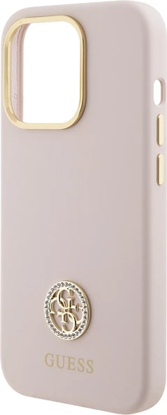 Mbështjellës Guess Silicone Logo Strass 4G për iPhone 15 Pro, rozë e çelët