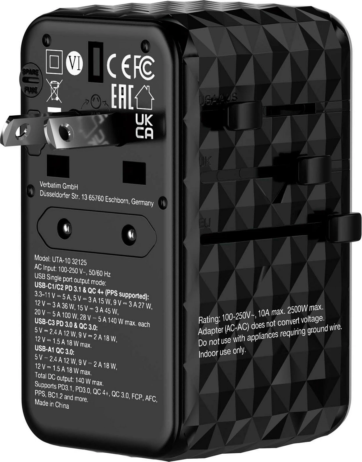 Adapter udhëtimi universal Verbatim UTA-10 GaN III, 140W, 3x USB-C PD, 1x USB-A, i zi