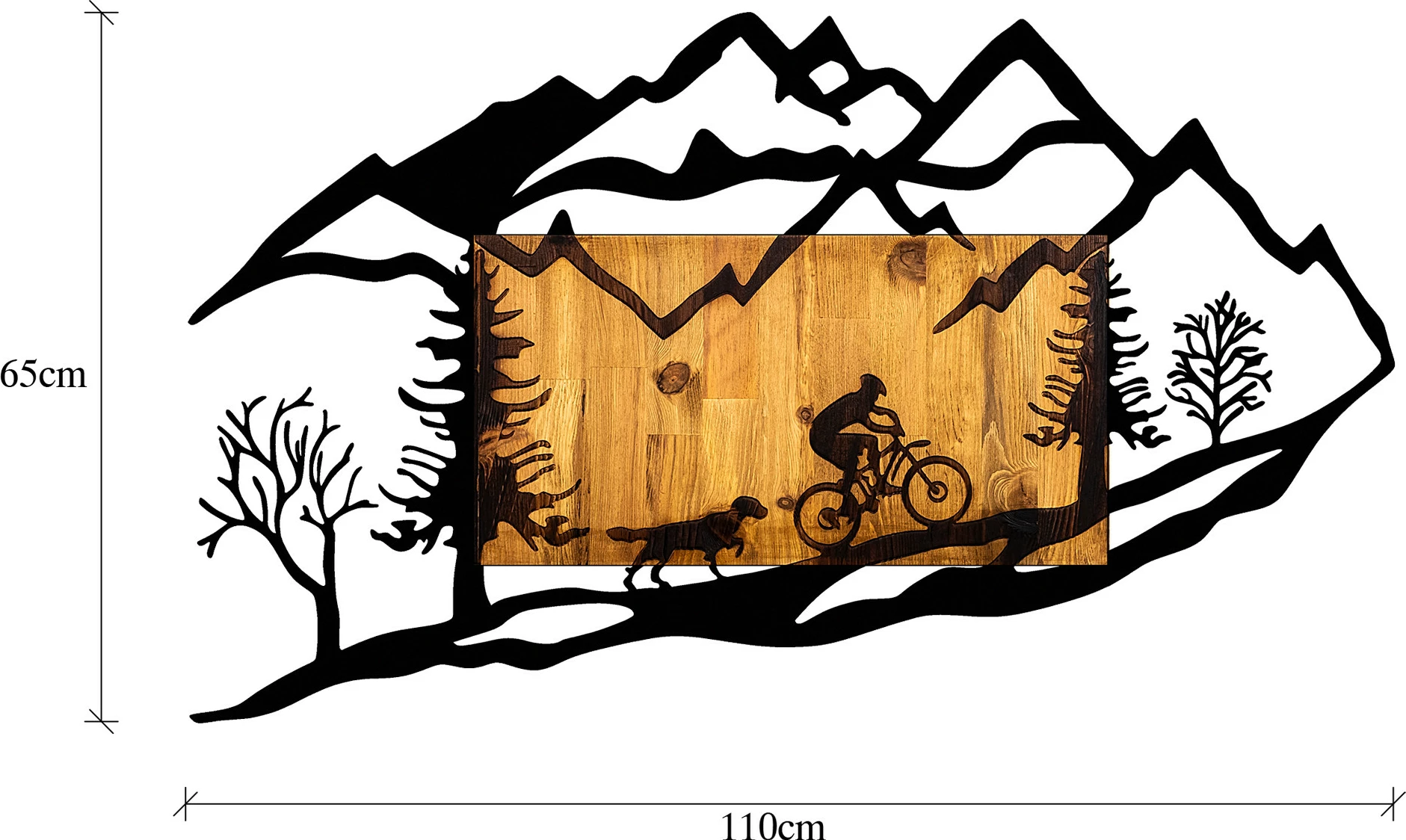 Aksesor dekorativ për mur, dru dhe metal, biçikletë në natyrë, Wallity, ngjyrë arre dhe e zezë, 110x3x65cm