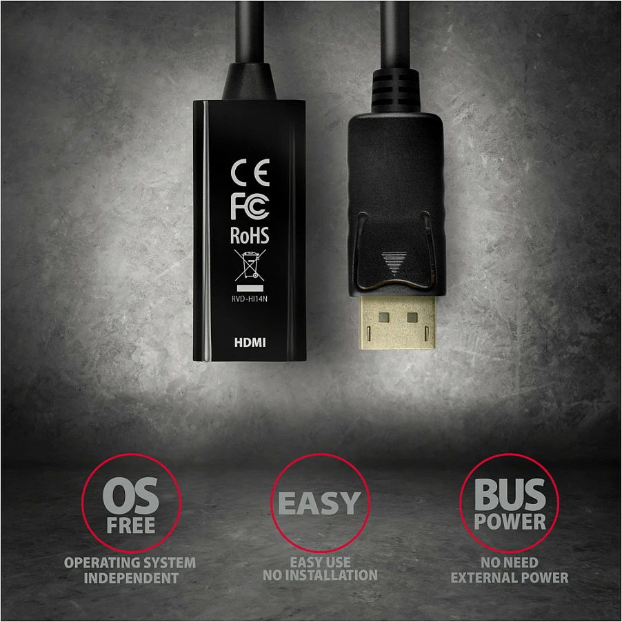 Adapter DisplayPort në HDMI Axagon RVD-HI14N, 4K/30Hz, i zi