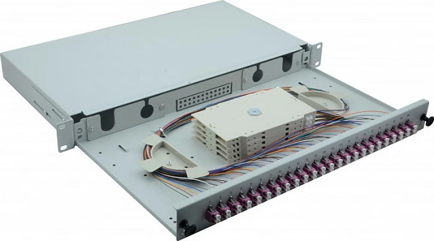 Panel patch fiber optik Helos 375560, 1U, 19", 24x LC Duplex OM4, gri