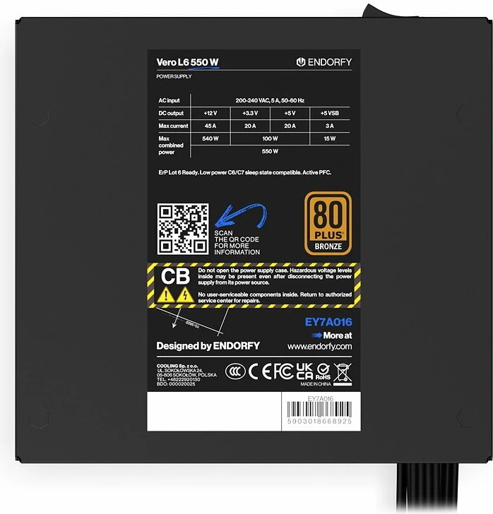 Furnizues energjie Endorfy Vero L6 550W ATX 3.1 80 Plus Bronze jo-modular, i zi