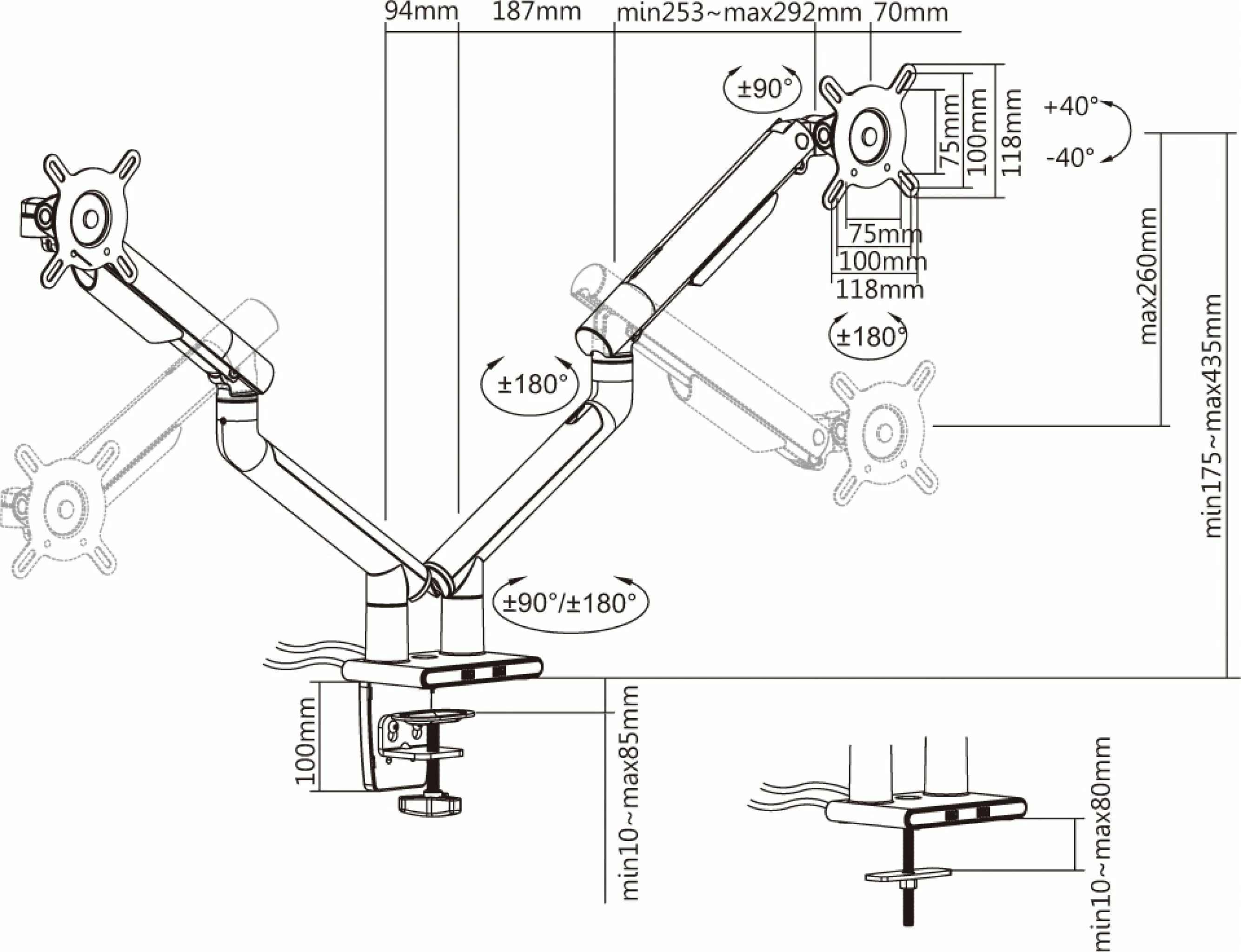 Mbajtëse monitori për tavolinë Art RAMM L-20GD, për 2 monitorë 17\"-32\", VESA 75x75/100x100, deri 9 kg, gas spring, e bardhë