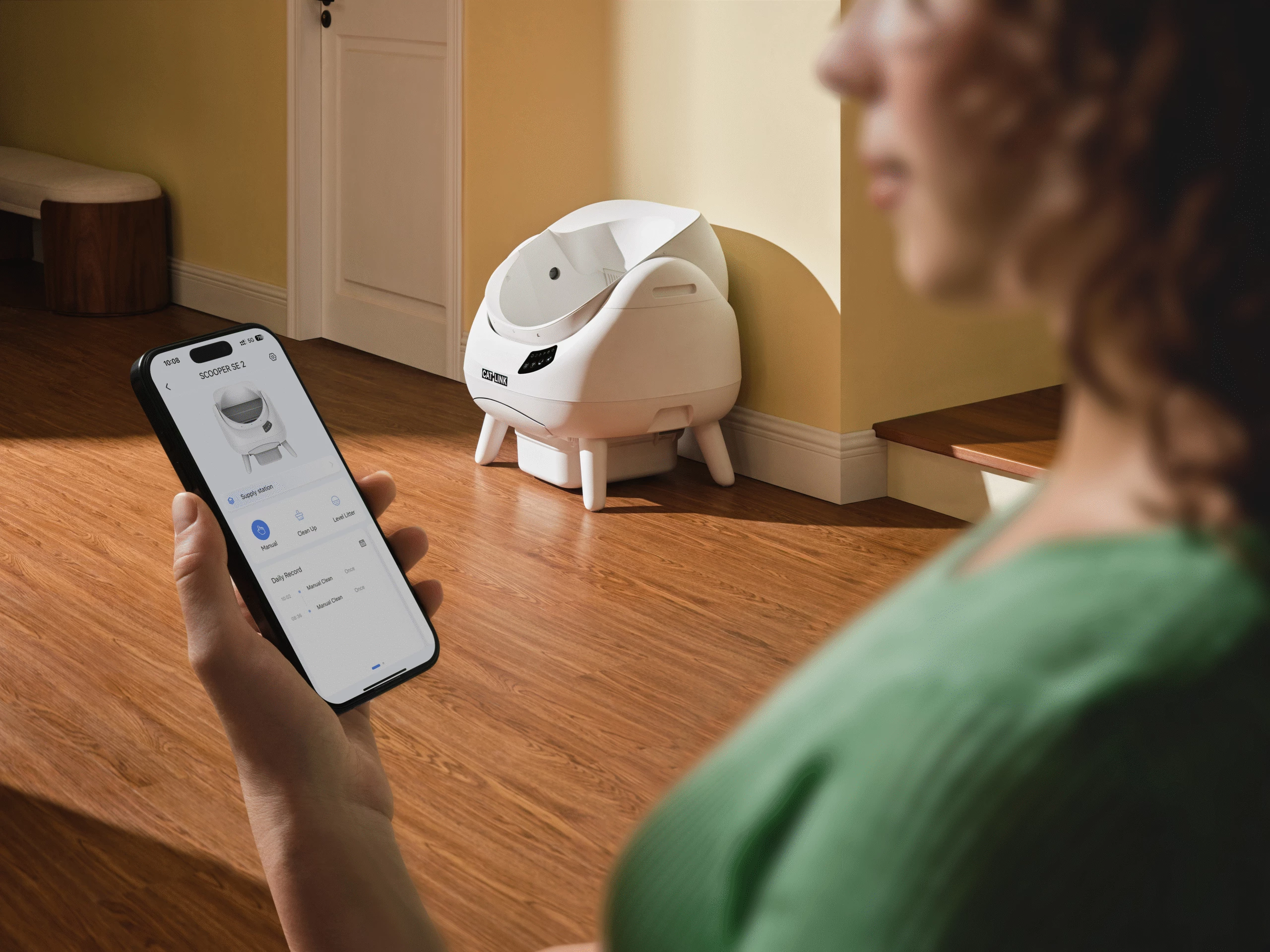 kuti rëre smart automatike për mace Catlink C08 Scooper OPEN-X, me Wi‑Fi/app, 4 L rërë + 12 L depo mbetjesh, gri
