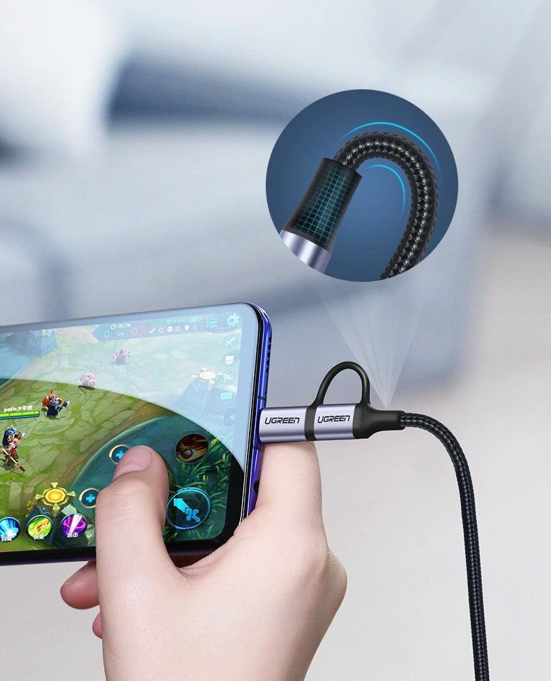Kabllo USB Ugreen 30875 1 m, USB-A në microUSB + USB-C, 2.4A, e zezë
