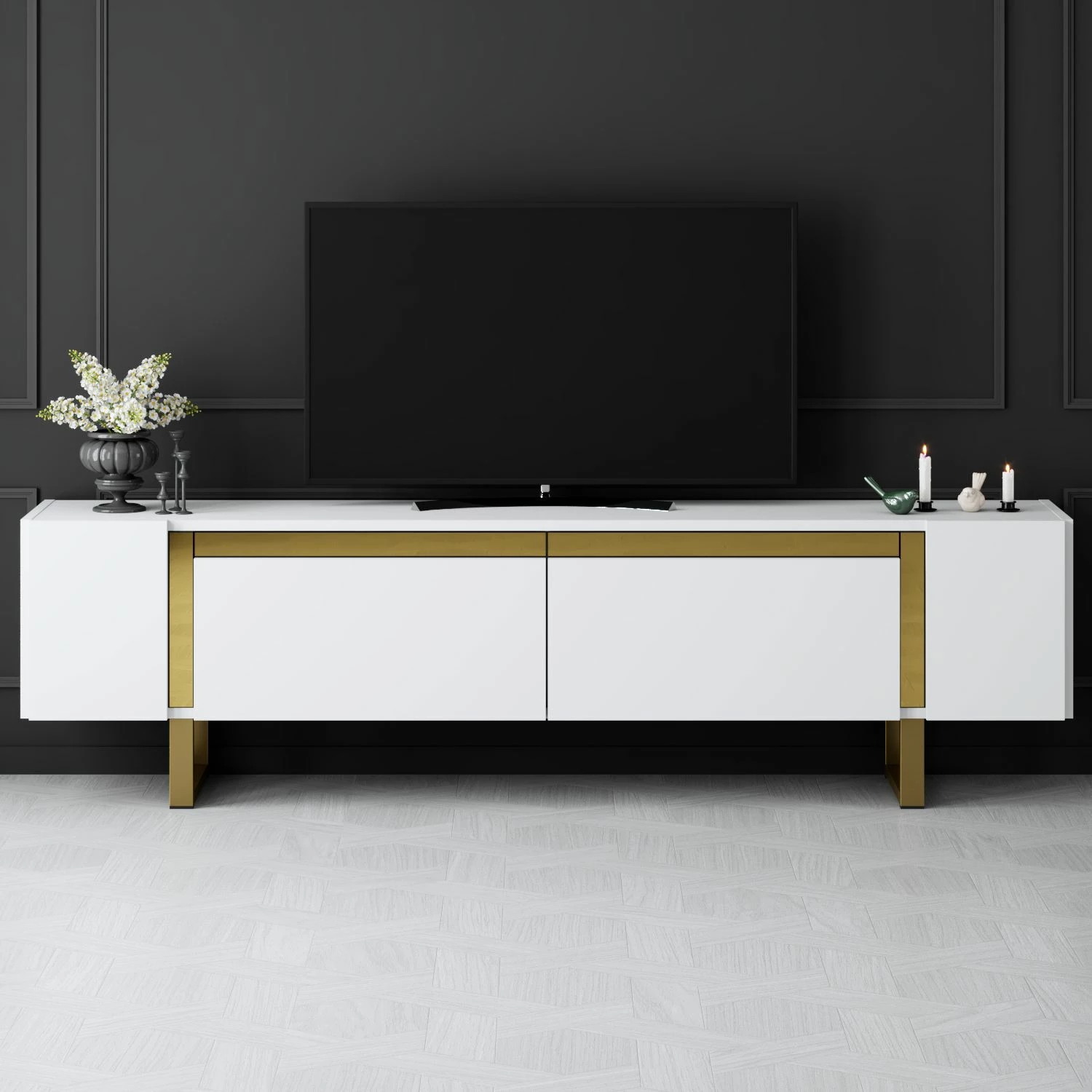 Komodë TV Hanah Home, Yildiz, e bardhë dhe ari