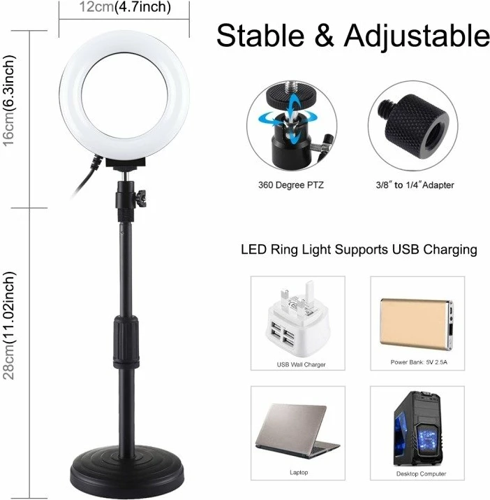 Llambë unazë LED Puluz PU391 me bazë të rregullueshme, 6.5W, tripod i vogël, e bardhë