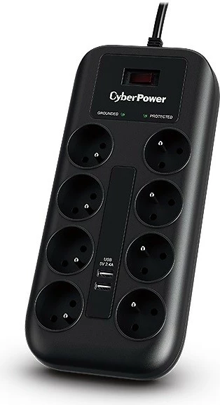 Prizë me mbrojtje nga rryma CyberPower P0820SUF0-FR, 8 dalje, 2xUSB, 1.8m, e zezë