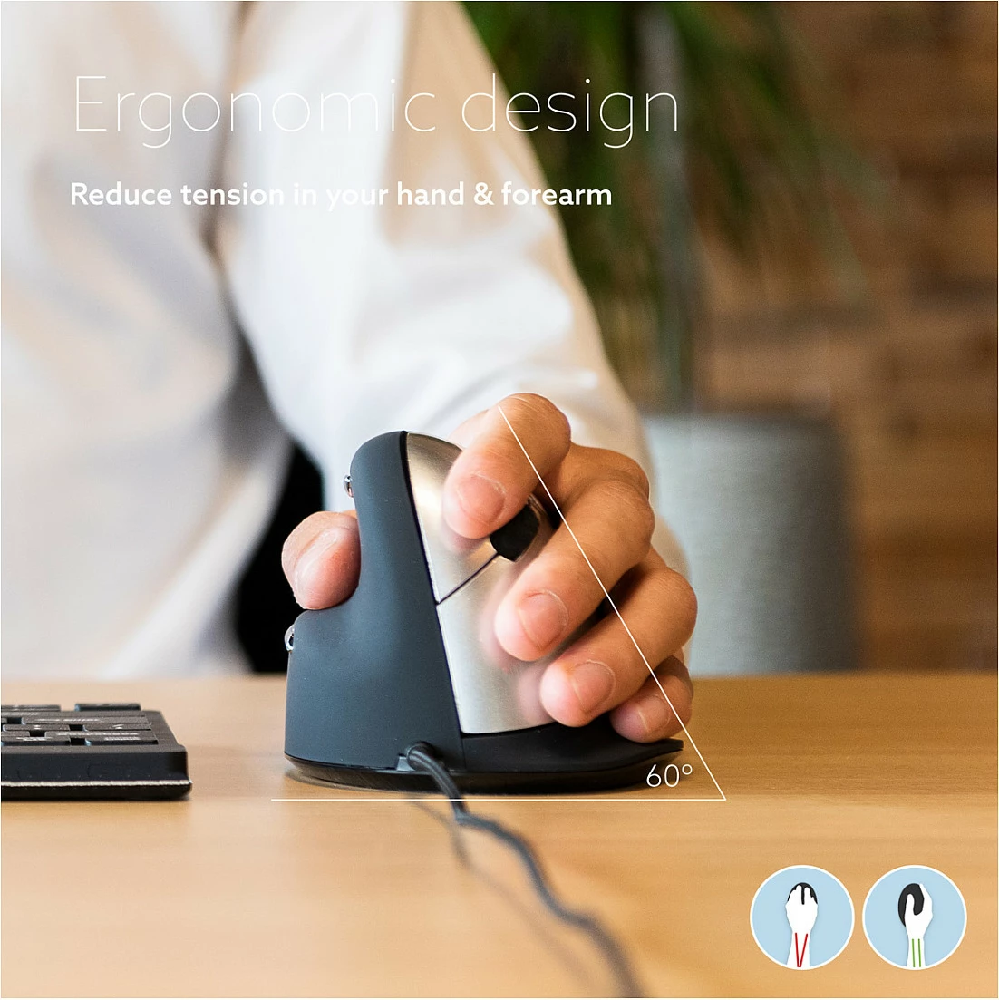 Maus R-Go HE, ergonomik i madh, USB, 2400 DPI, për të majtë, i zi/argjendtë
