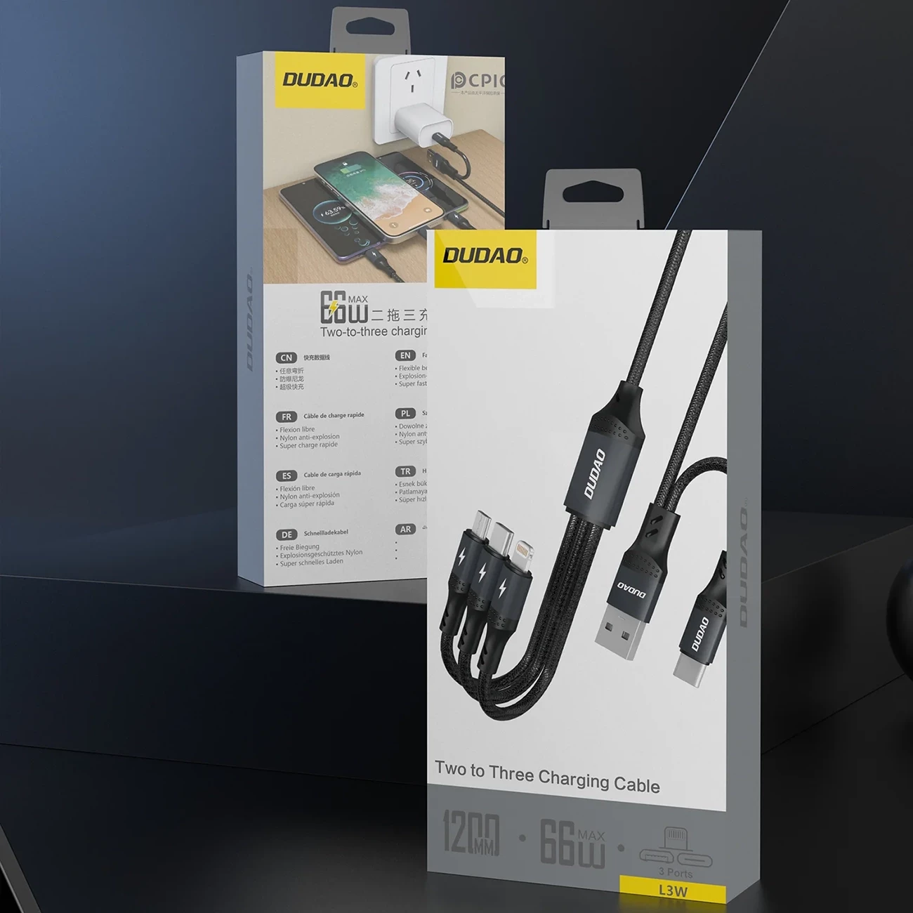 Kabëll karikimi dhe të dhënash 3-në-1, Dudao L3W, 1.2 m, 66W, USB-A/USB-C në Lightning/USB-C/MicroUSB, e zezë