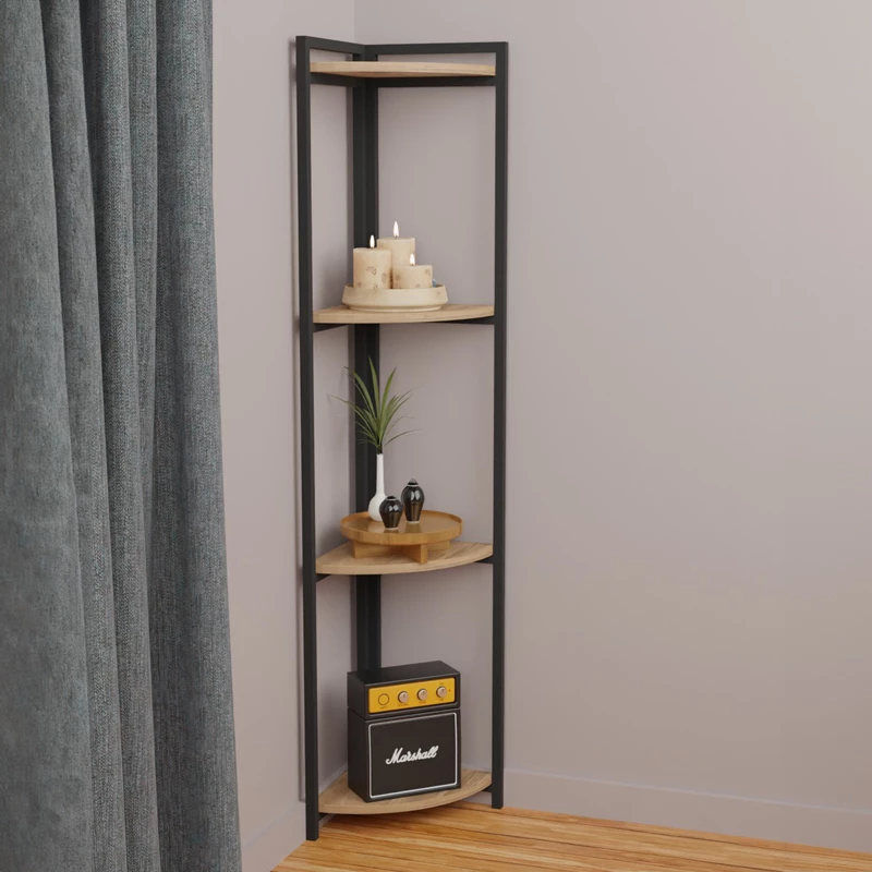 Raft këndi për dysheme, ngjyrë lisi dhe metali të zi, 30x30x160 cm