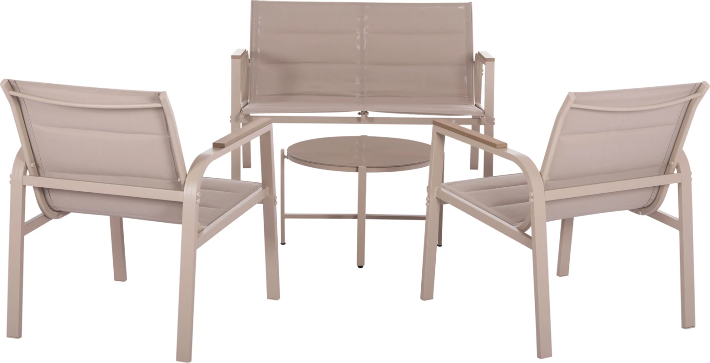 Set lounge për jashtë, 4 pjesë, Juliette, alumin, tekstilene, xham i temperuar, kapuçino, FH6280.04