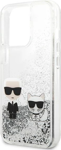 Mbështjellës Karl Lagerfeld Liquid Glitter Karl & Choupette për iPhone 13 Pro/13 6.1", argjendtë