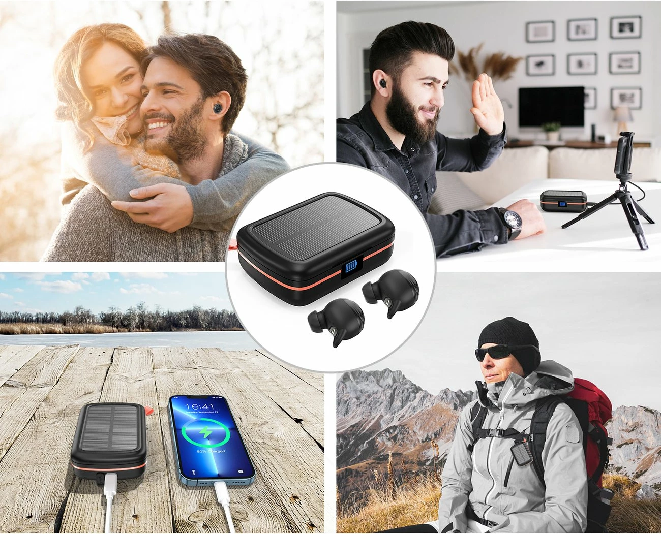 Kufje TWS Choetech BH-T05, wireless, me panel diellor dhe powerbank 2500mAh, të zeza