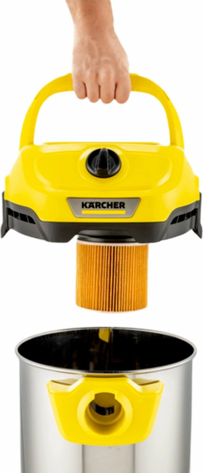 Fshesë me korrent industriale Karcher WD 2 Plus S V-15/4/18/C, 1000 W, depo 15 L, thithje e thatë/lagësht, e verdhë/argjend, set me aksesorë