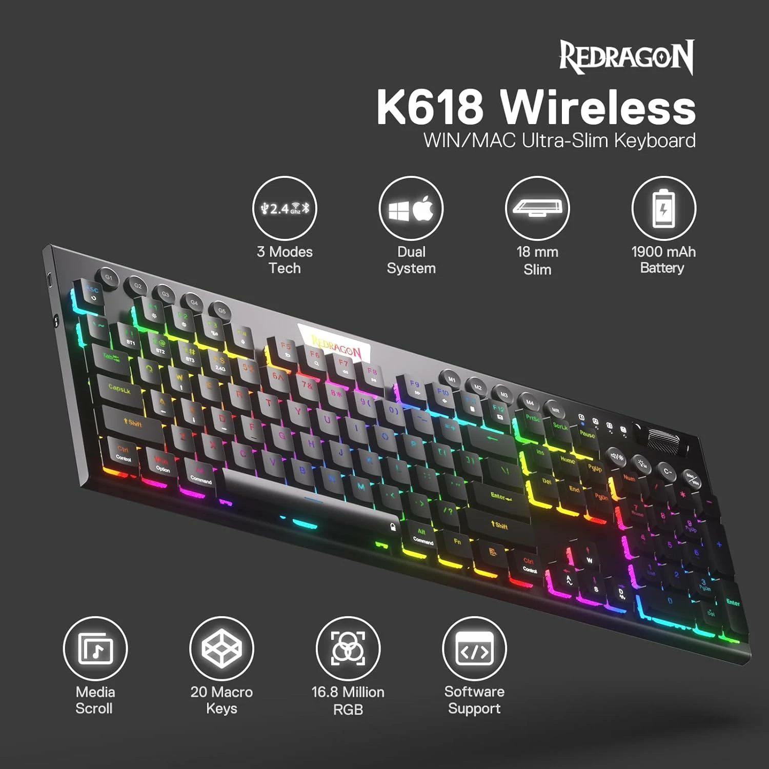Tastierë mekanike Redragon Horus Pro K618RGB-PRO, full size, Red Switch, USB-C/2.4G/BT, RGB, e zezë