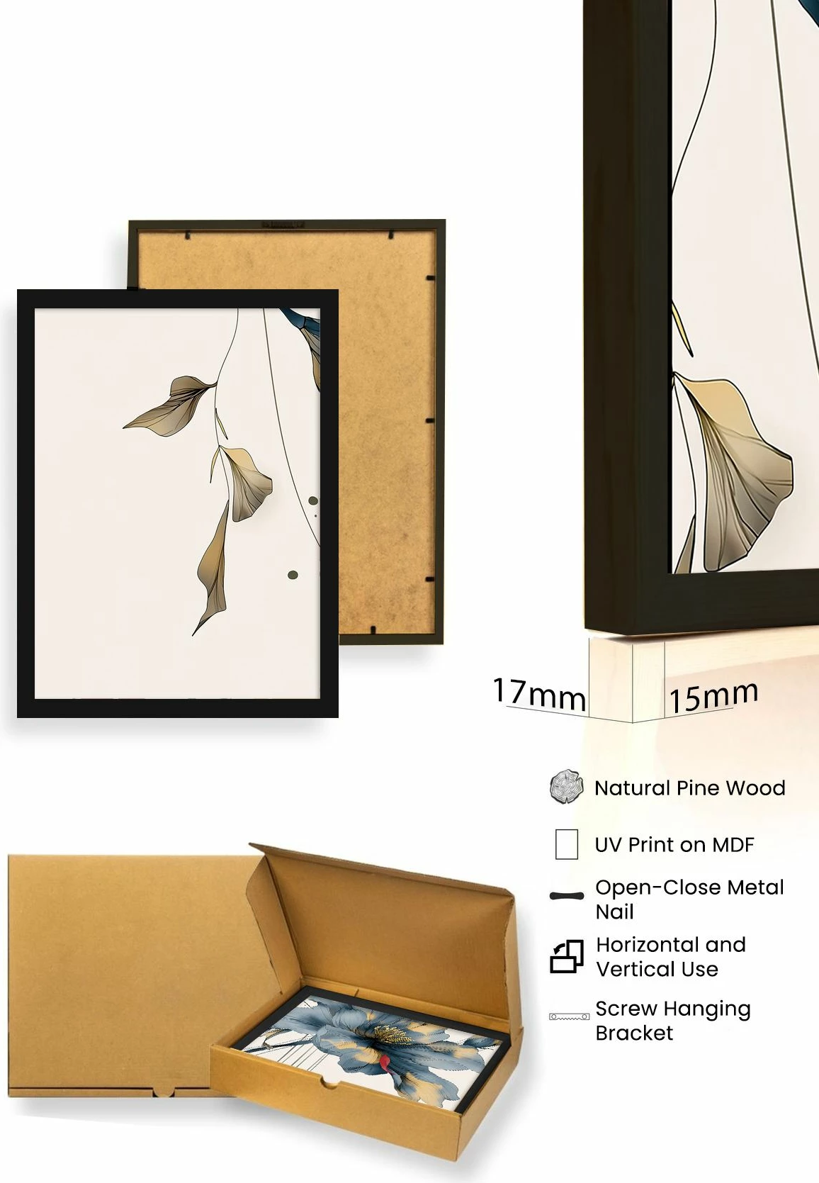 Pikturë dekorative me kornizë, 3 pjesë, MDF, Wallity, Huhu471S, 50x35cm
