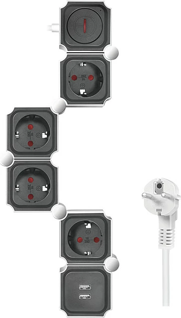 Zgjatues rryme LogiLink, 4 priza sigurie, 2x USB-A, formë gjarpri, bardhë/zi
