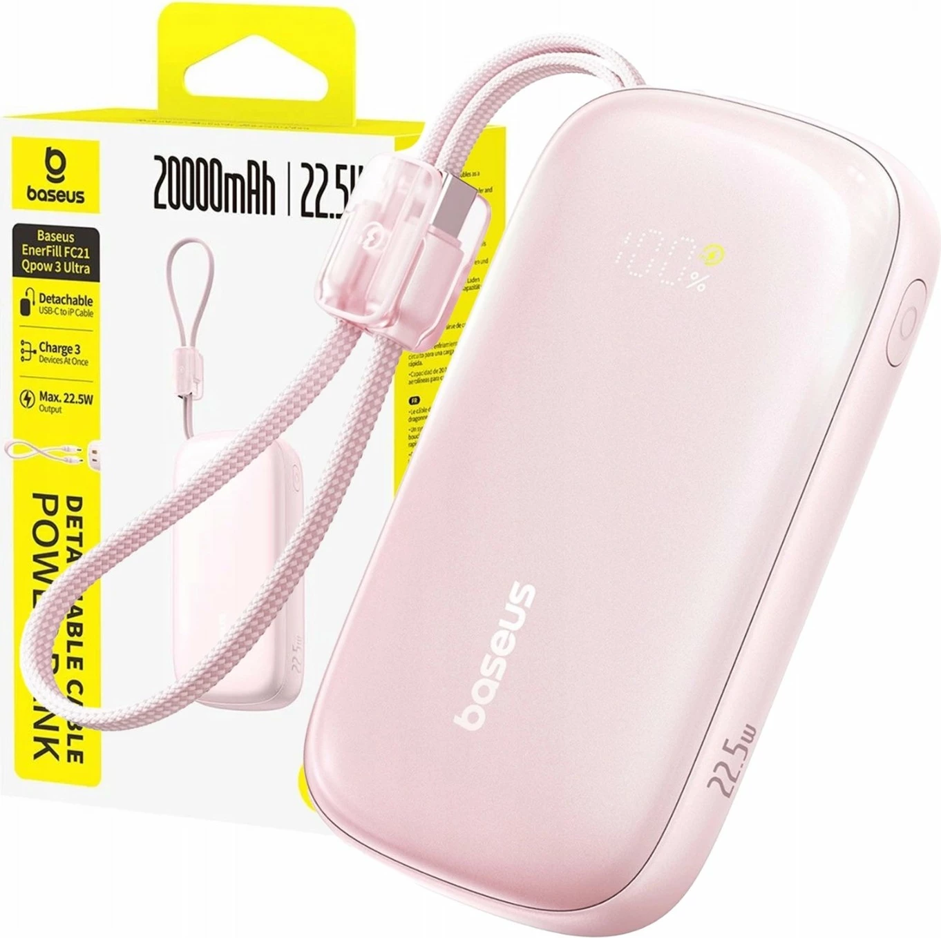 Powerbank Baseus EnerFill FC21 Qpow 3 Ultra 20000mAh 22.5W me display, rozë, me kabllo të ndashme