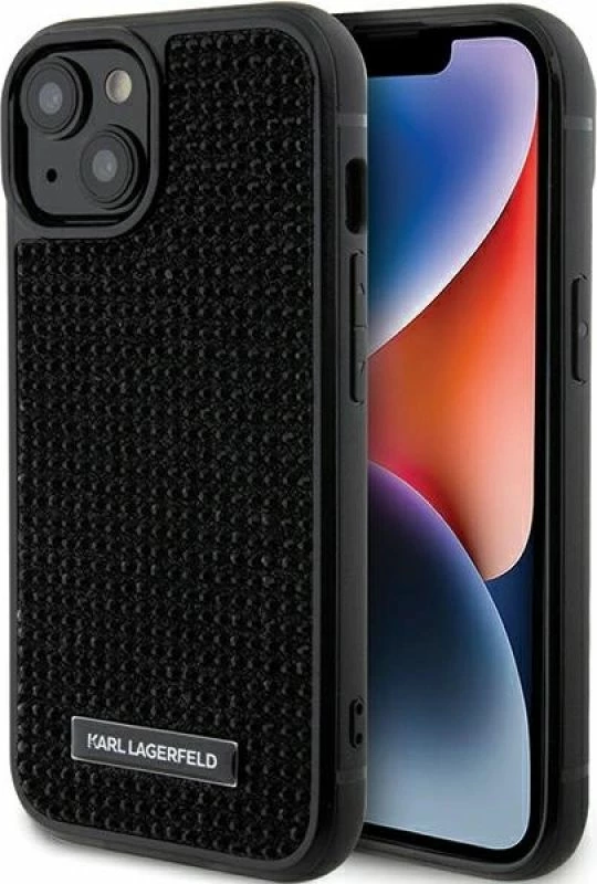 Mbrojtëse telefoni Karl Lagerfeld Rhinestone Logo Metal Plate për iPhone 15, e zezë