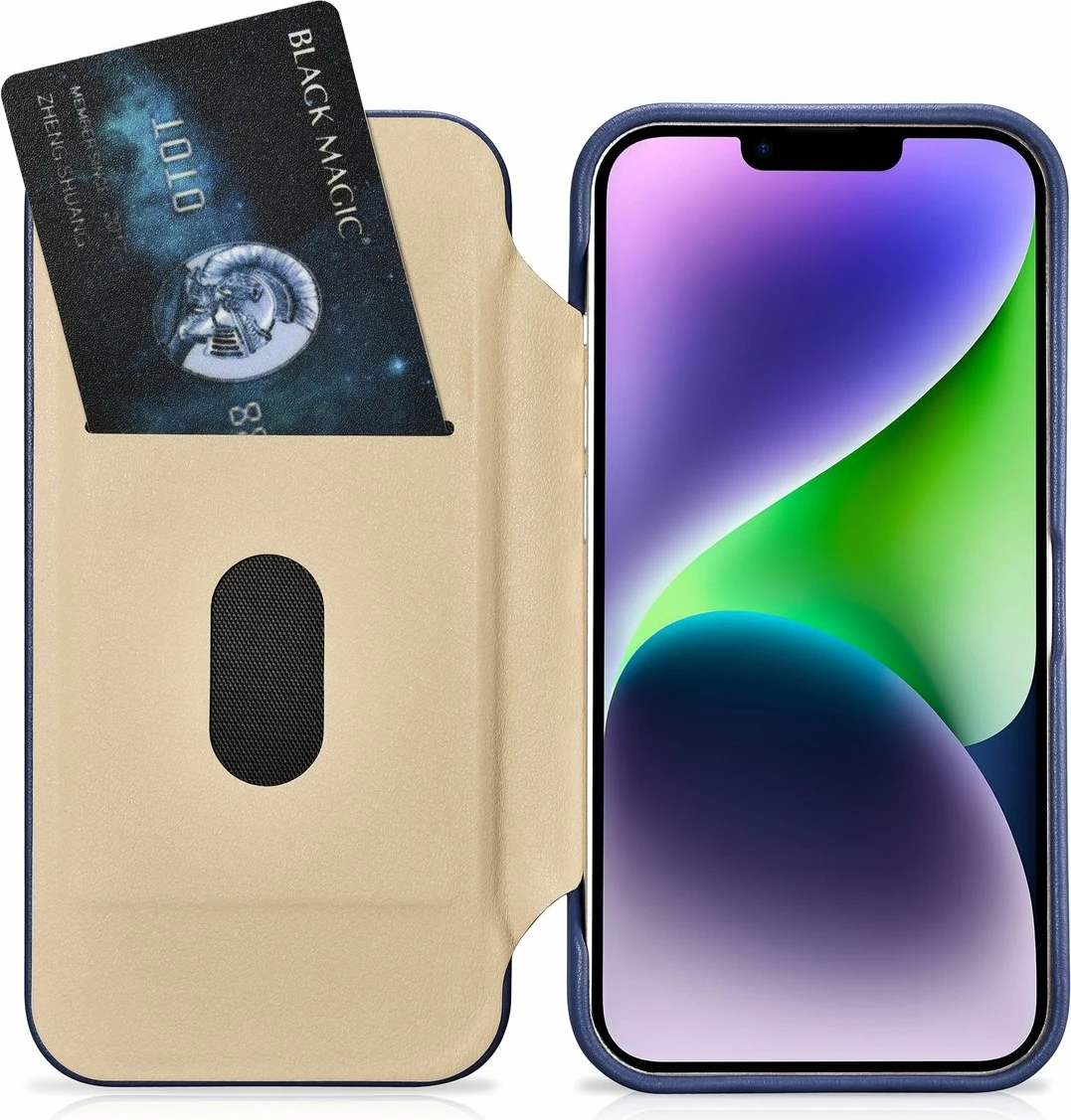 Mbështjellës iCarer CE Premium lëkurë, për iPhone 14 Plus, MagSafe, Kaltër