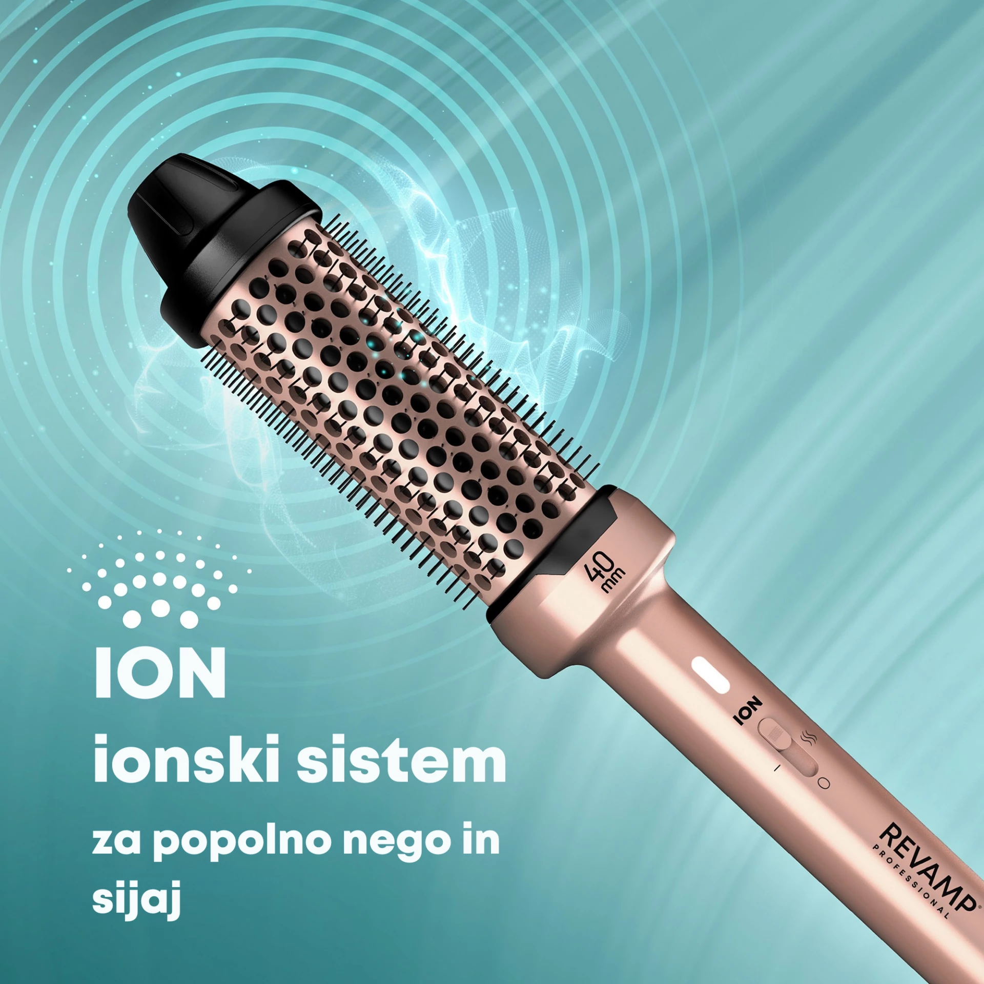 Brushë ngrohëse për stilim flokësh Revamp BR-1400AGD 40 mm ceramic 180°C ionic, rozë ari
