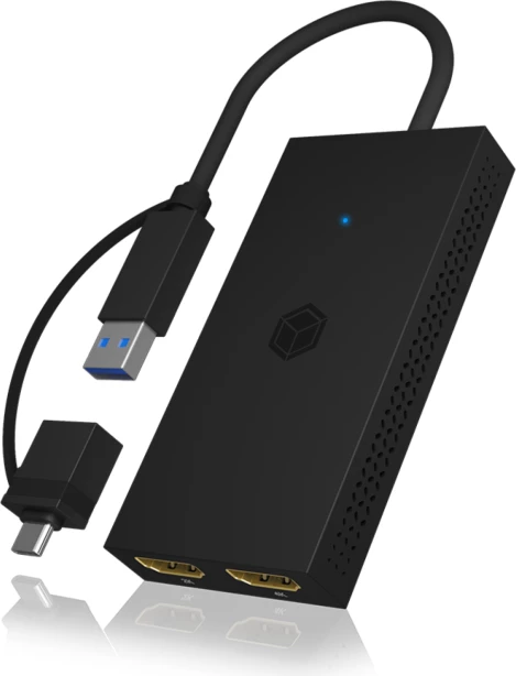Adapter USB-C/USB-A në 2x HDMI, ICYBOX IB-SPL1029AC, 2K@60Hz + 4K@30Hz, zi, 1 copë