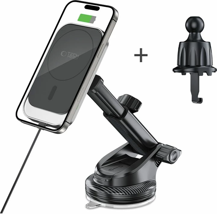 Mbajtëse magnetike për veturë Tech-Protect MM15W-V9 me MagSafe dhe karikim wireless 15W, e zezë