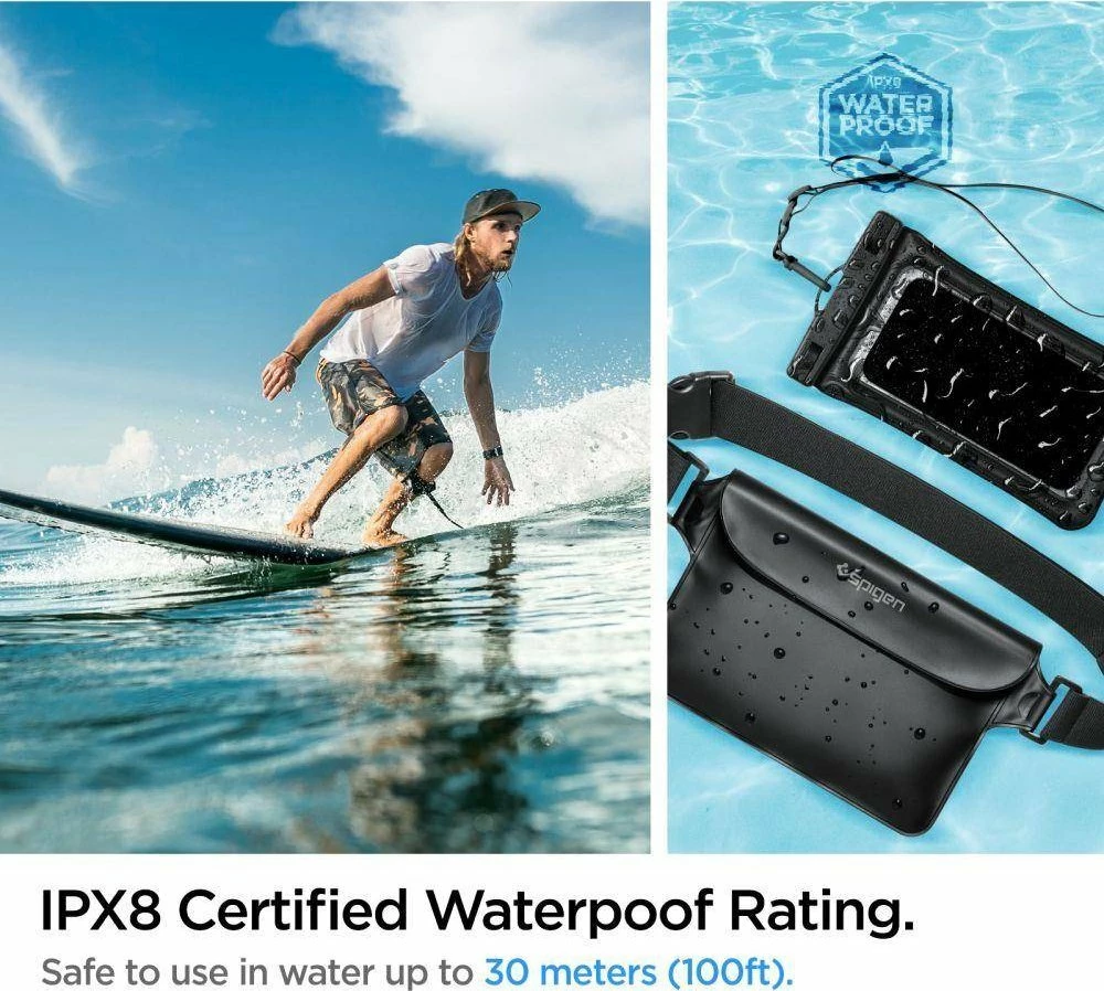 Set mbrojtës i papërshkueshëm nga uji Spigen A621 universal për celular + çantë beli, IPX8 30m, Zi