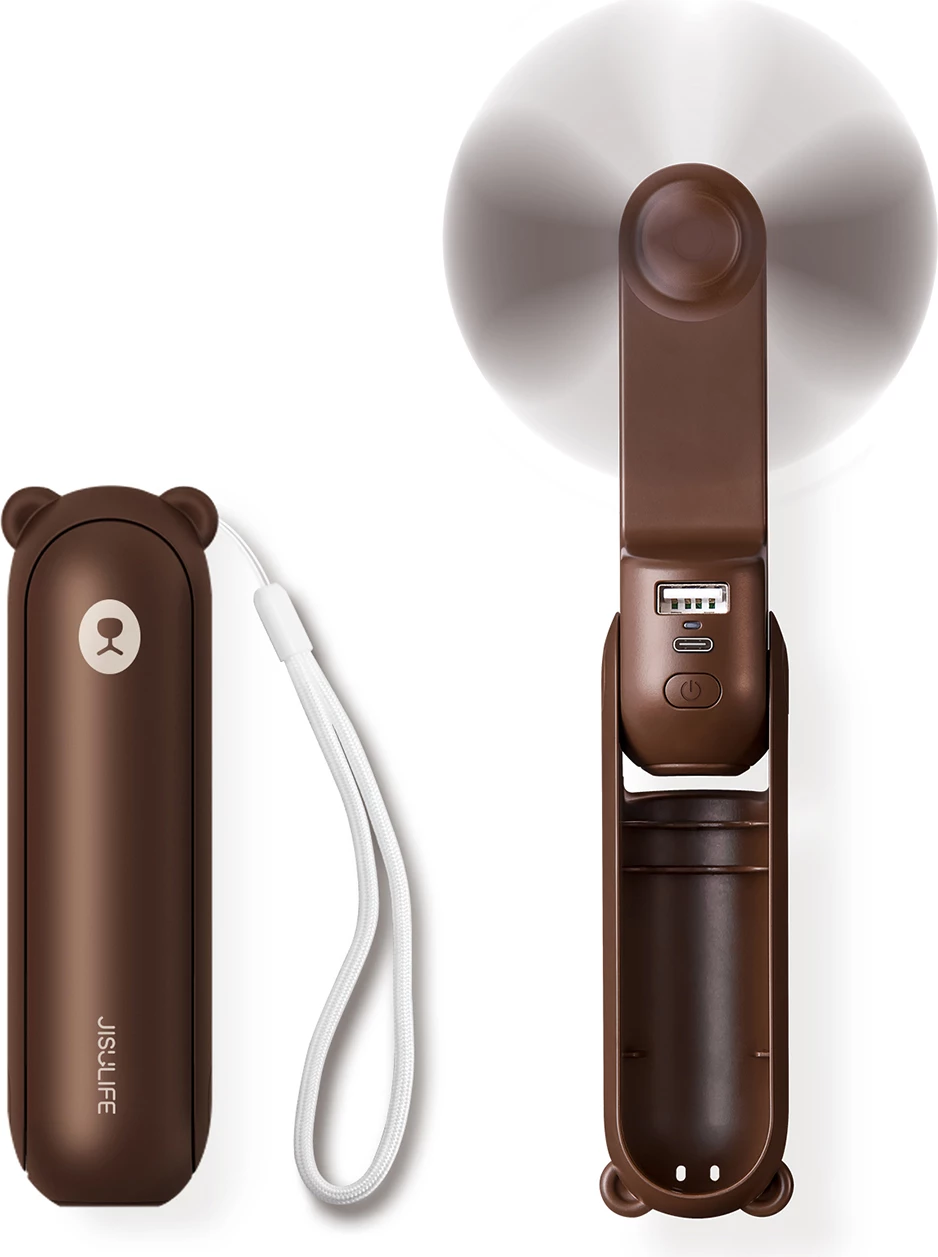 Ventilator dore Jisulife Life8 Plus 4500 mAh, USB-C, me power bank dhe llambë LED, kafe, set