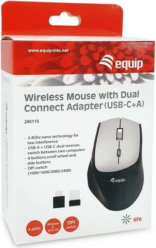 Maus wireless Equip 245115, dual adapter USB-C+A, 2400 DPI, i zi