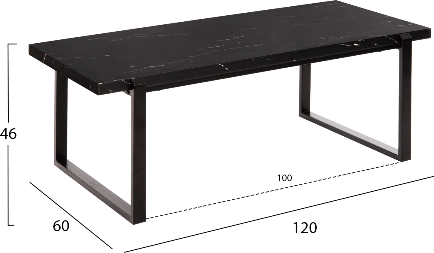 Tavolinë kafeje, FH9585.01, sipërfaqe tavoline MDF, ngjyrë mermeri të zi, bazë metalike e zezë, 120x60x46H cm